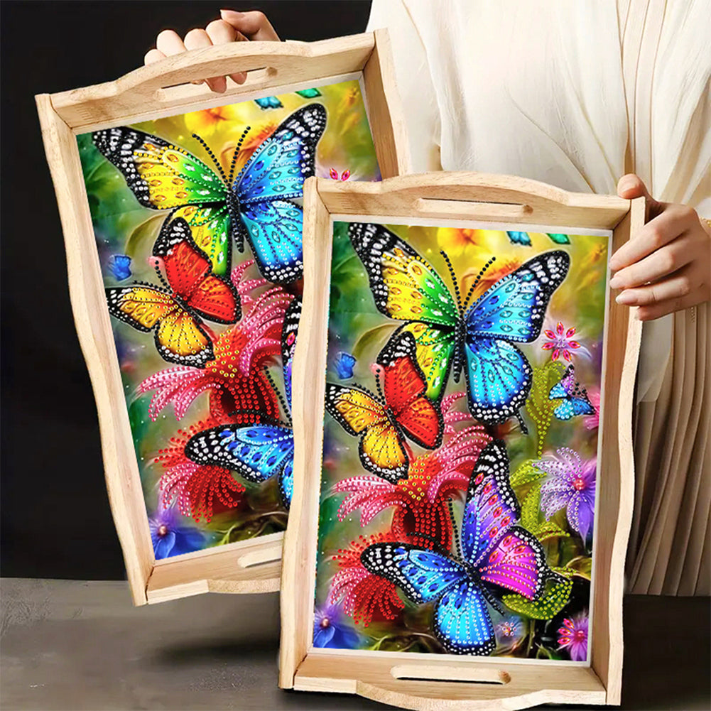 Butterfly Diamond Painting Wooden Serving Tray with Handles Home Decoration Gift