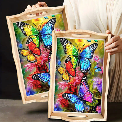 Butterfly Diamond Painting Wooden Serving Tray with Handles Home Decoration Gift