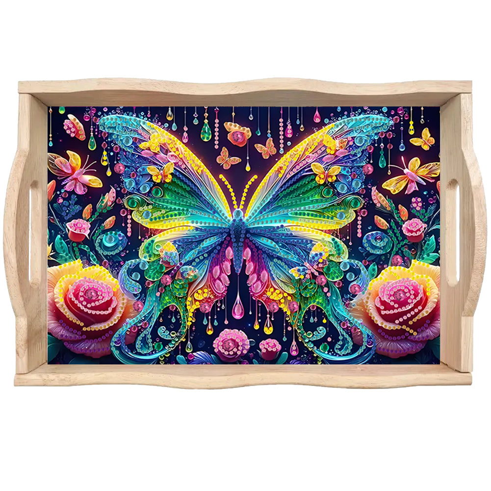 Butterfly Diamond Painting Wooden Serving Tray with Handles Home Decoration Gift