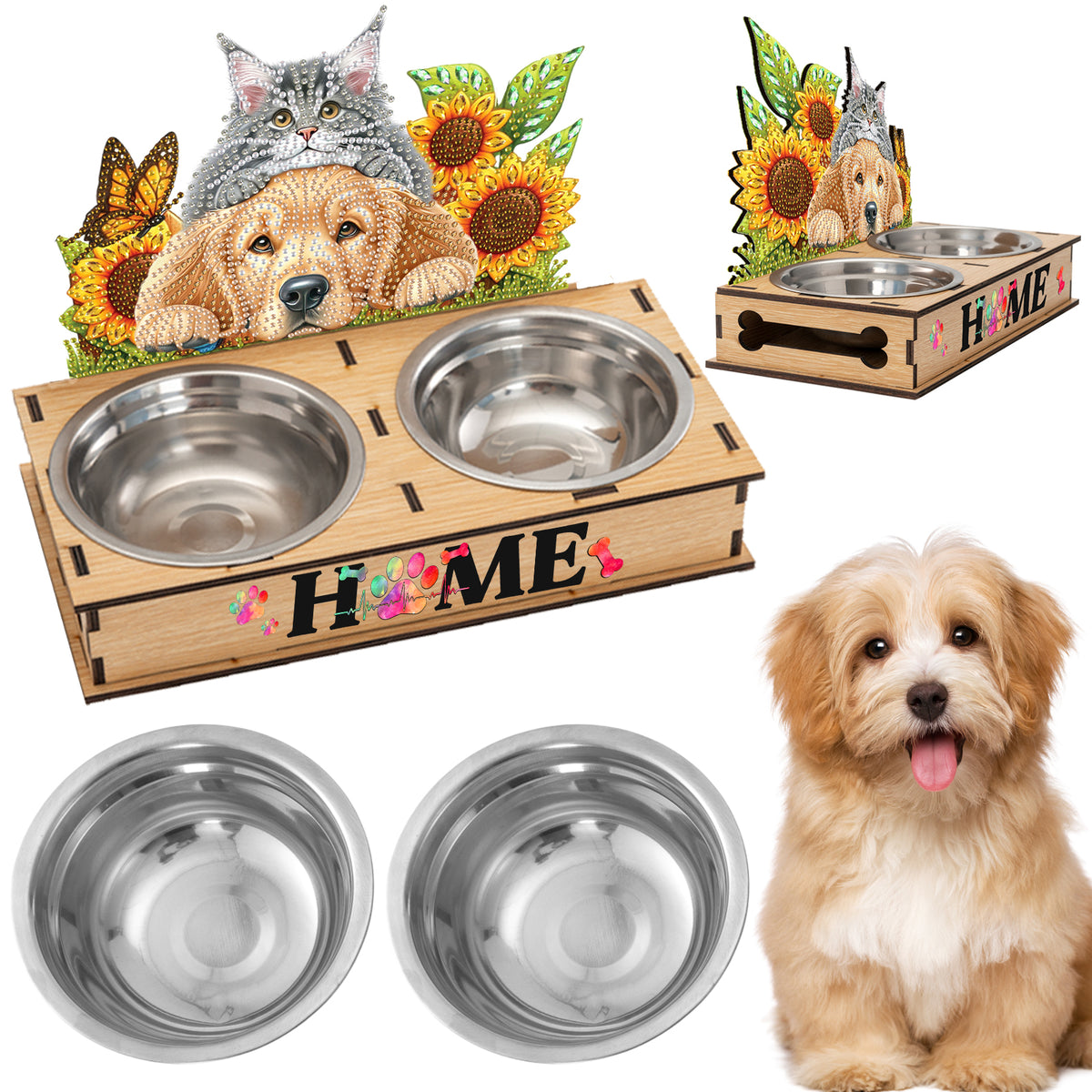 5D DIY Diamond Painting Water Feeder Diamond Art Dog Bowl for Small Medium Pets