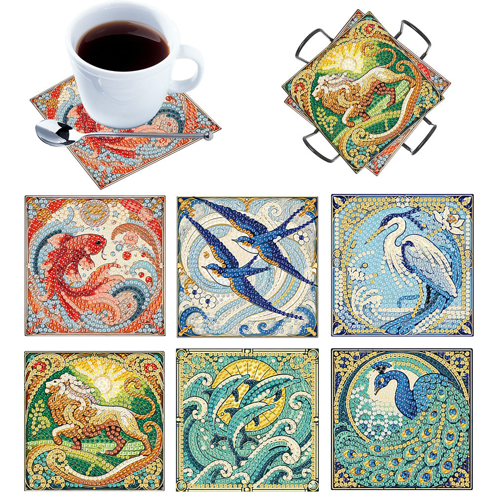 6Pcs Wooden Beautiful Pattern DIY Diamond Painting Coaster Art with Storage Rack