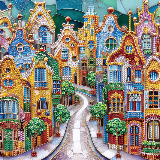 Diamond Painting - Partial Special Shaped - Colorful City Houses (30*30CM)