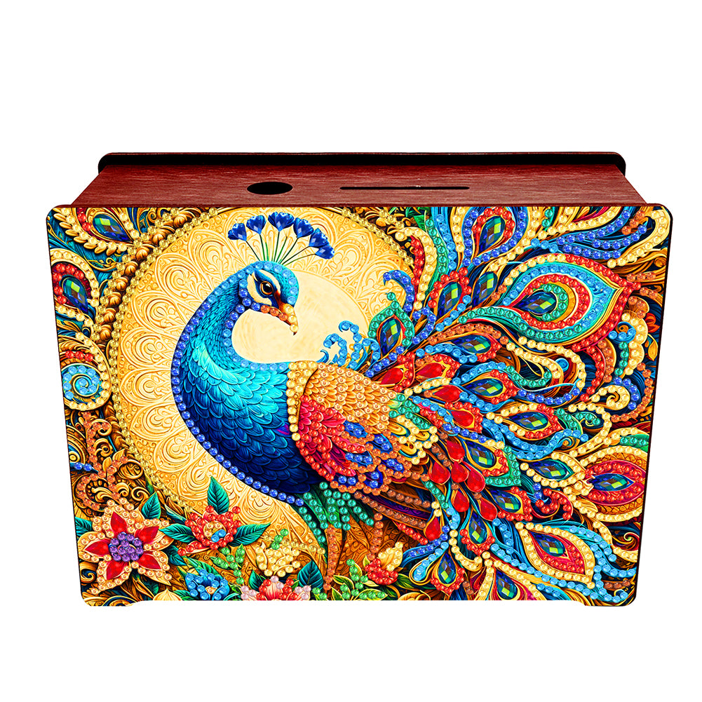 Diamond Painting Piggy Bank Wooden Coin Bank for Home Decorand Gift (Peacock)