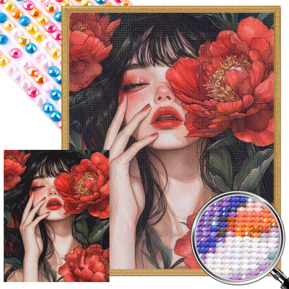 AB Diamond Painting - Full Round - Brunette Girl With Flowers (40*50CM)