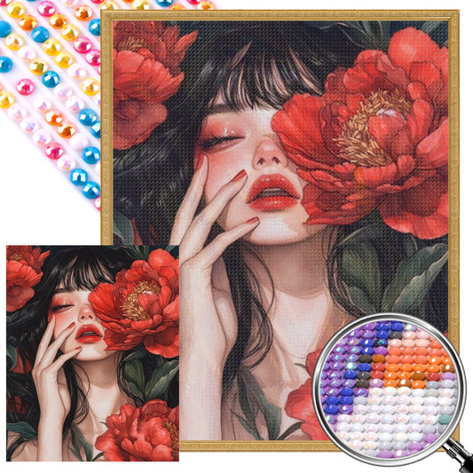 AB Diamond Painting - Full Round - Brunette Girl With Flowers (40*50CM)