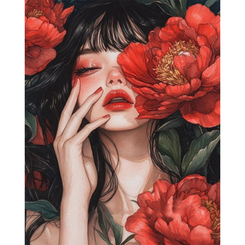 AB Diamond Painting - Full Round - Brunette Girl With Flowers (40*50CM)