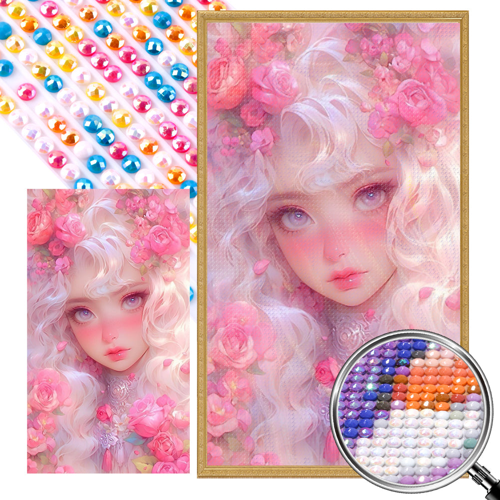 AB Diamond Painting - Full Round - White-Haired Girl And Pink Flowers (40*70CM)