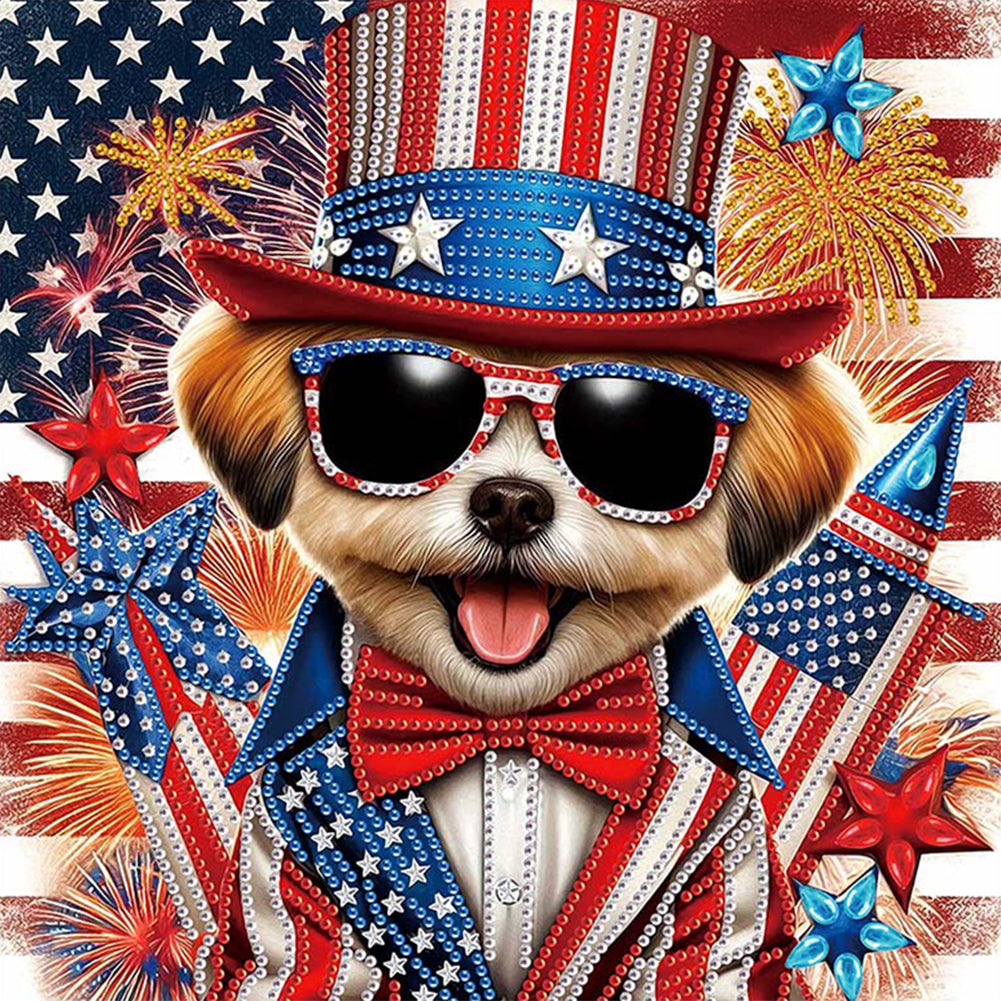 Diamond Painting - Partial Special Shaped - Independence Day Puppy (30*30CM)