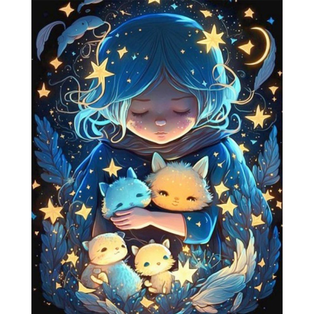 AB Diamond Painting - Full Round - Starry Sky Girl And Small Animals (40*50CM)