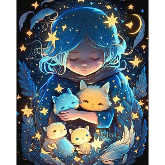 AB Diamond Painting - Full Round - Starry Sky Girl And Small Animals (40*50CM)