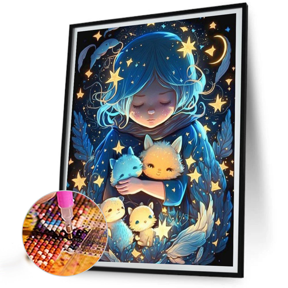 AB Diamond Painting - Full Round - Starry Sky Girl And Small Animals (40*50CM)