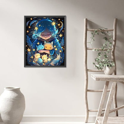 AB Diamond Painting - Full Round - Starry Sky Girl And Small Animals (40*50CM)