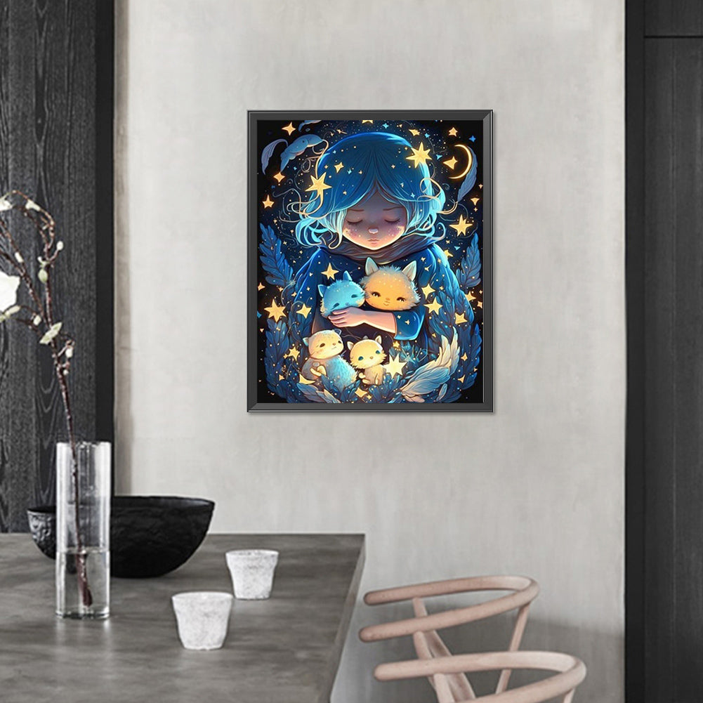 AB Diamond Painting - Full Round - Starry Sky Girl And Small Animals (40*50CM)