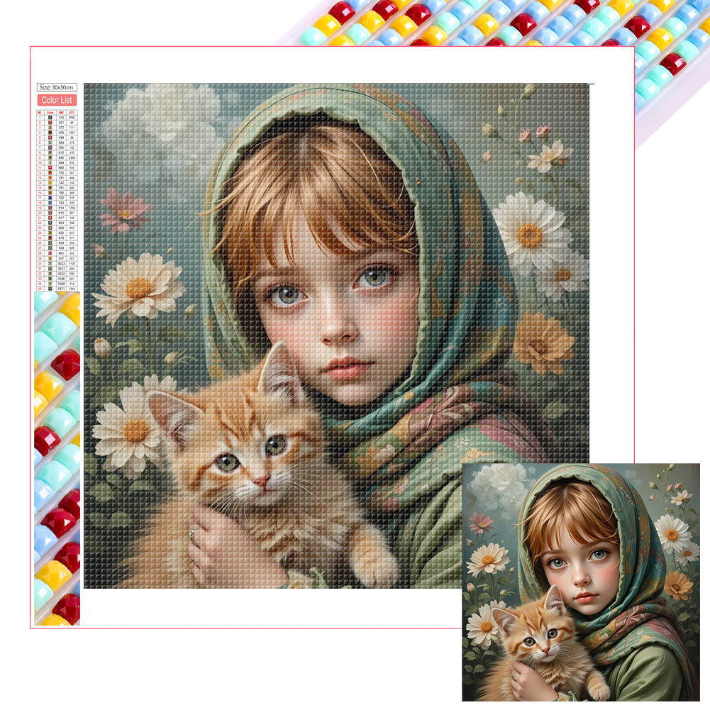 Diamond Painting - Full Square - Little Girl Holding Cat And Dog (40*40CM)