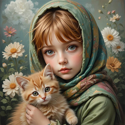 Diamond Painting - Full Square - Little Girl Holding Cat And Dog (40*40CM)