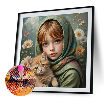 Diamond Painting - Full Square - Little Girl Holding Cat And Dog (40*40CM)