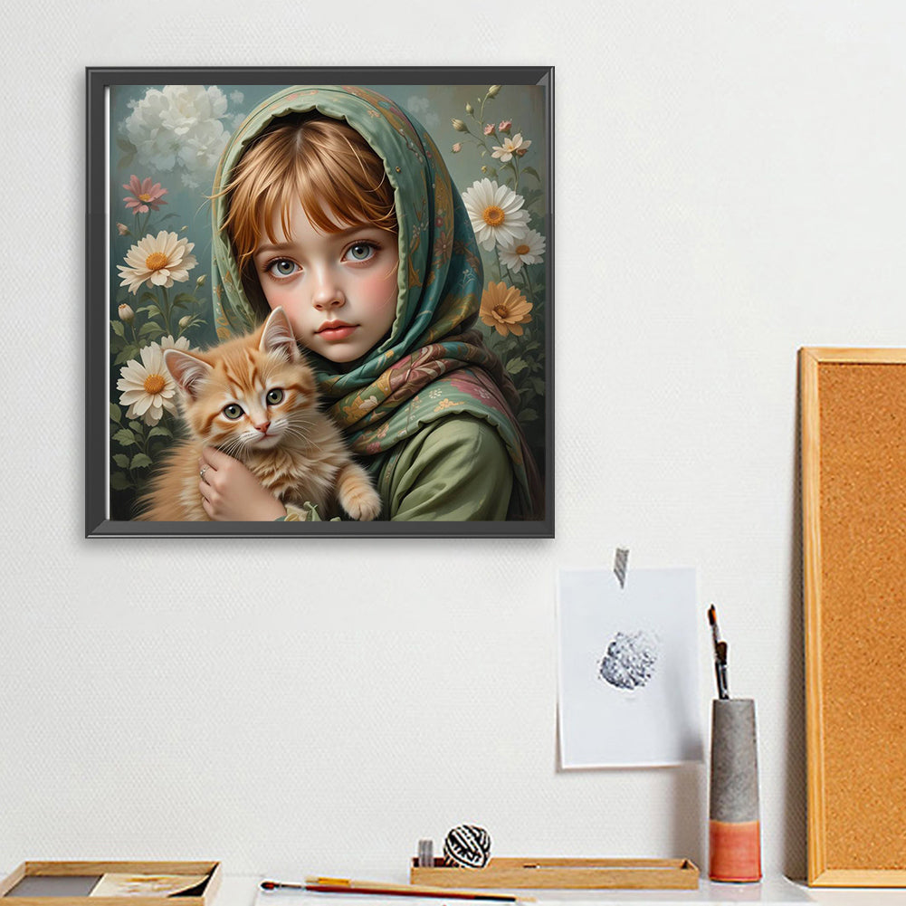 Diamond Painting - Full Square - Little Girl Holding Cat And Dog (40*40CM)
