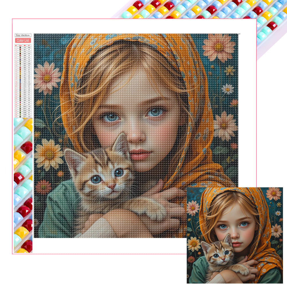 Diamond Painting - Full Square - Little Girl Holding Cat And Dog (40*40CM)
