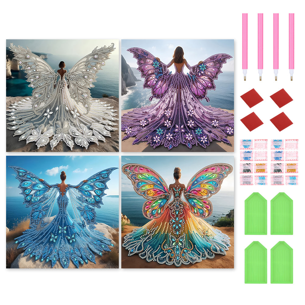 4 Pcs Diamond Painting - Partial Special Shaped - Girl With Angel Wings (30*30CM)