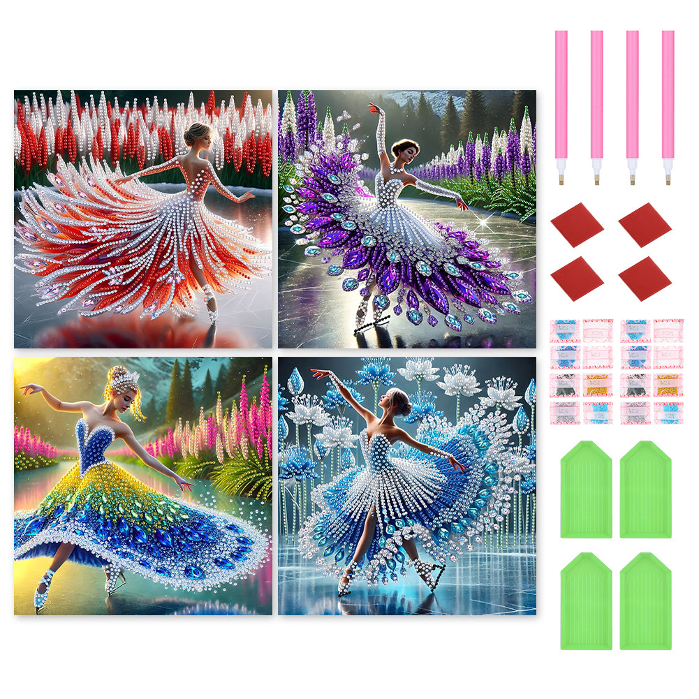 4 Pcs Diamond Painting - Partial Special Shaped - Girl With Beautiful Skirt (30*30CM)