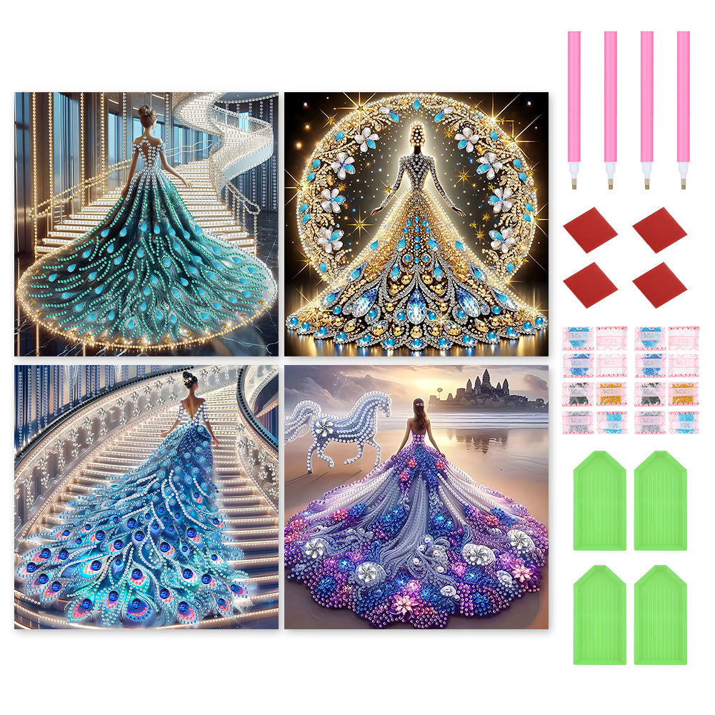4 Pcs Diamond Painting - Partial Special Shaped - Girl With Dress Skirt (30*30CM)
