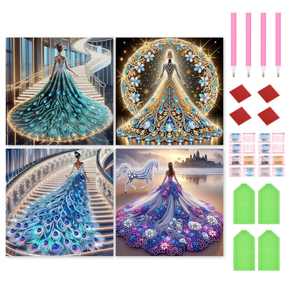 4 Pcs Diamond Painting - Partial Special Shaped - Girl With Dress Skirt (30*30CM)