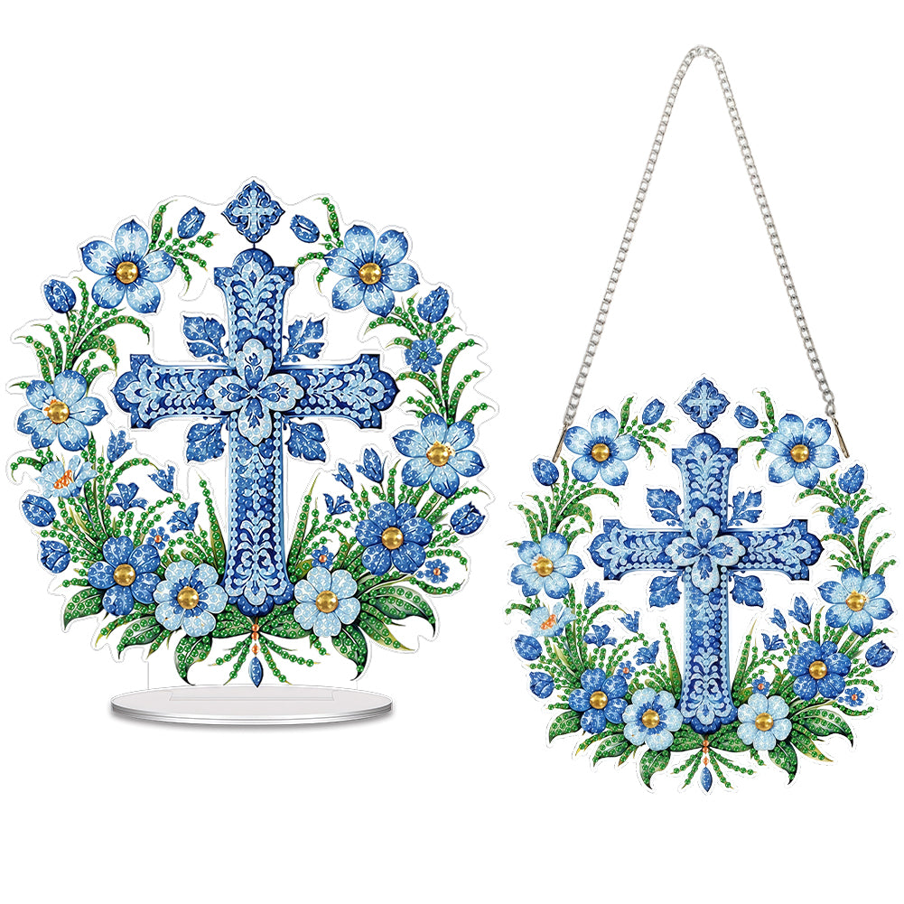 2Pcs Desktop Diamond Art Kits Blue And White Porcelain Cross Bedroom Table Decor