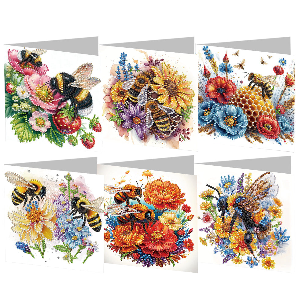 6pcs Diamond Painting Greeting Cards Diamond Art Cards for Adults (Bee Flower)