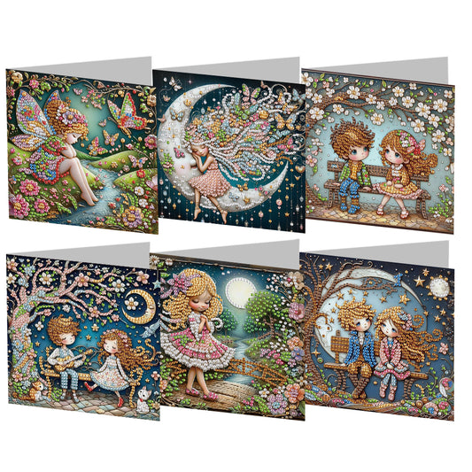6pcs Diamond Painting Greeting Cards DIY Diamond Art Cards (Cartoon Girl)