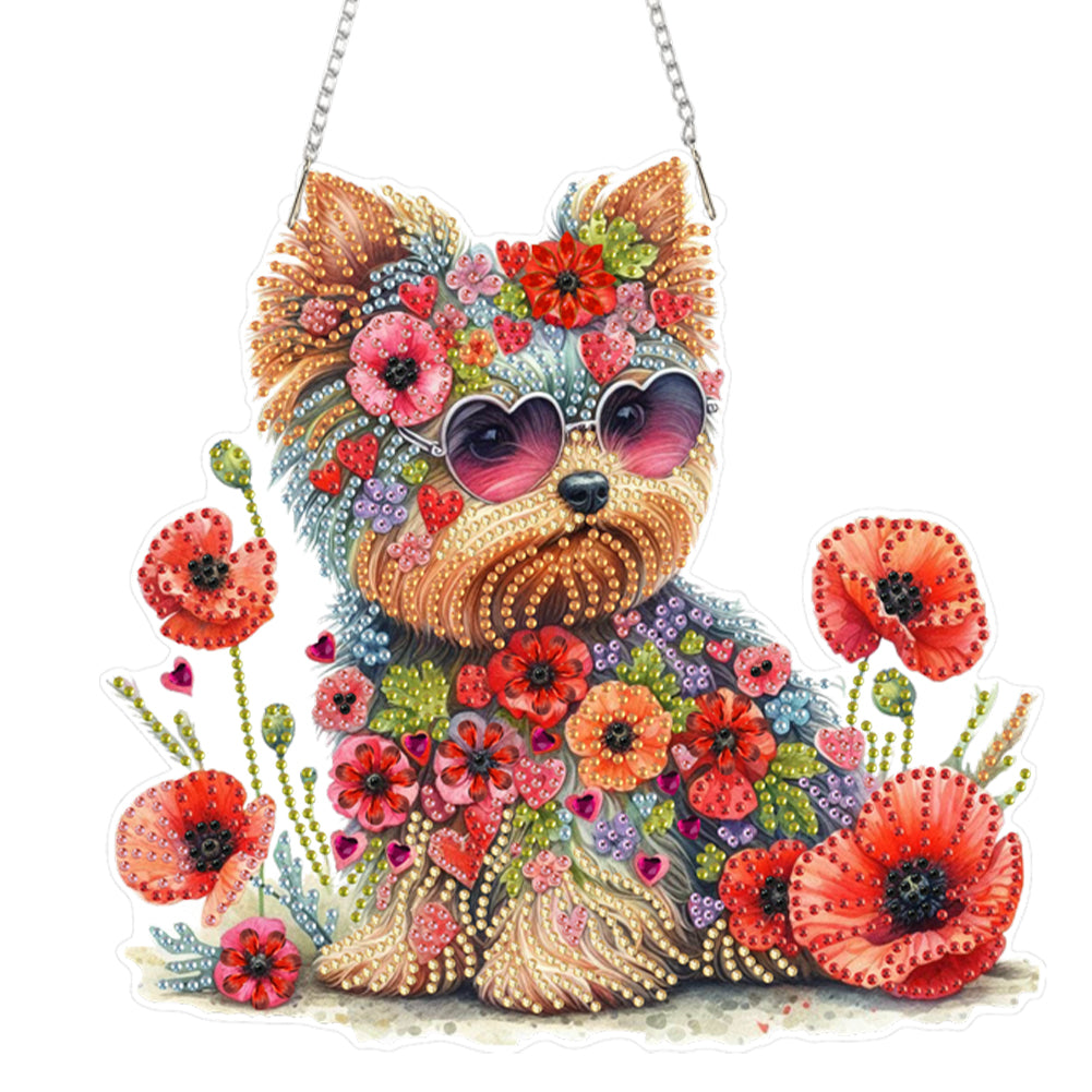Yorkshire Terrier Poppies 2D Flat DIY Diamond Art Pendant Window Hanging Art