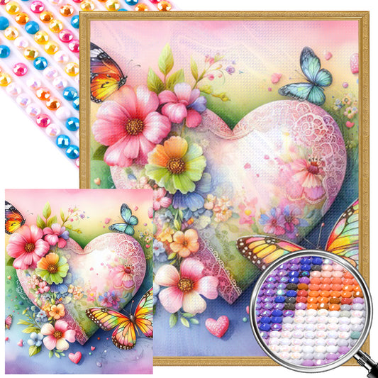 AB Diamond Painting - Full Round - Butterfly, Flower And Heart (40*50CM)