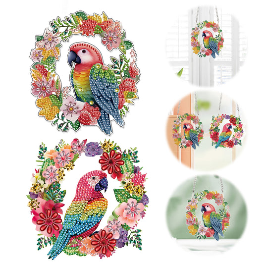 2pcs 2D Flat DIY Diamond Art Pendant Diamond Painting Set (Parrot Wreath)