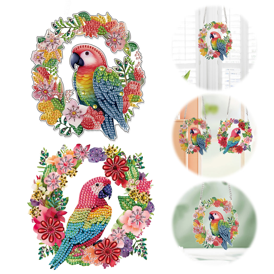 2pcs 2D Flat DIY Diamond Art Pendant Diamond Painting Set (Parrot Wreath)