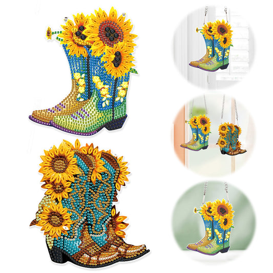 2pcs 2D Flat DIY Diamond Art Pendant Diamond Painting Set (Boots Sunflower)
