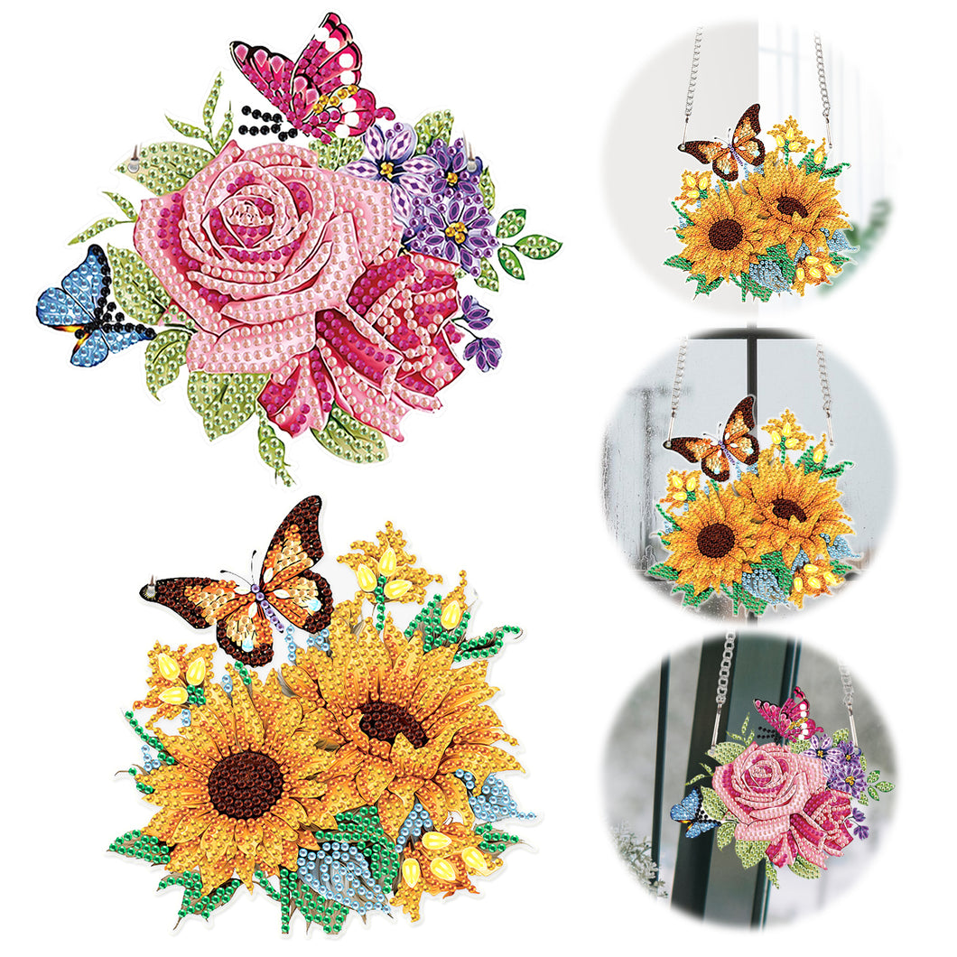 2pcs 2D Flat DIY Diamond Art Pendant Diamond Painting Set (Flower Butterfly)