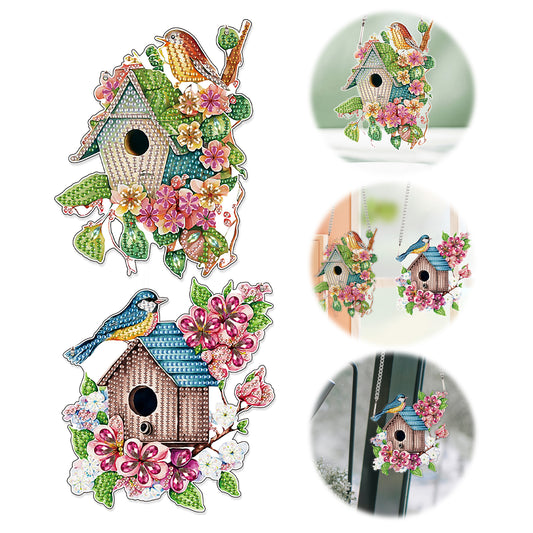 2pcs 2D Flat DIY Diamond Art Pendant Diamond Painting Set Wall Decor(Bird House)