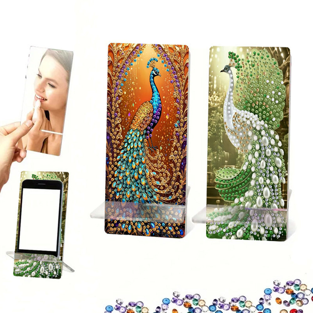 2Pcs Acrylic DIY Peacock Diamond Painting Phone Holder for Home Office Decor