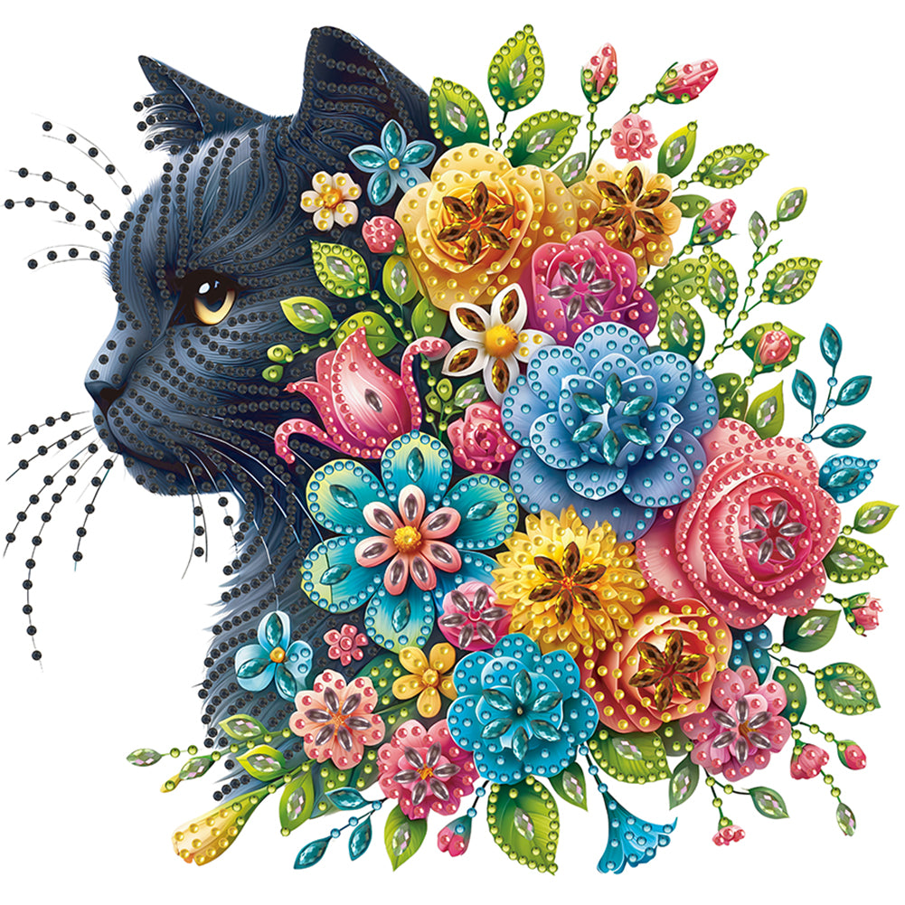 Diamond Painting - Partial Special Shaped - Cat And Flowers (30*30CM)