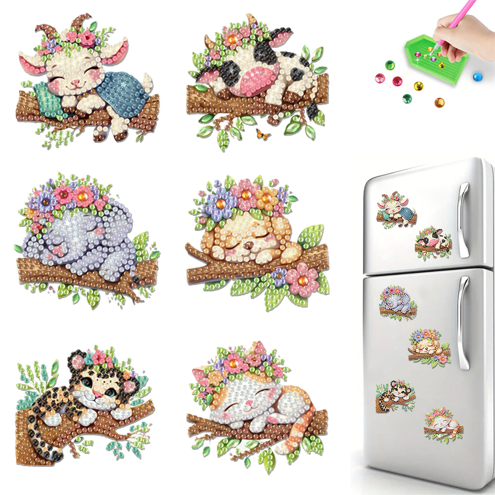 6Pcs Diamond Painting Refrigerator Magnets Diamond Art Kits (Animals on Tree)
