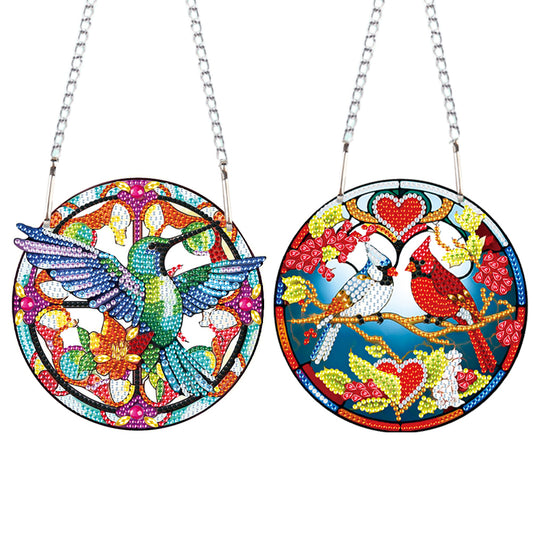 2pcs 2D Flat DIY Hummingbird Cardinal Diamond Art Pendant Window Hanging Art for Wall