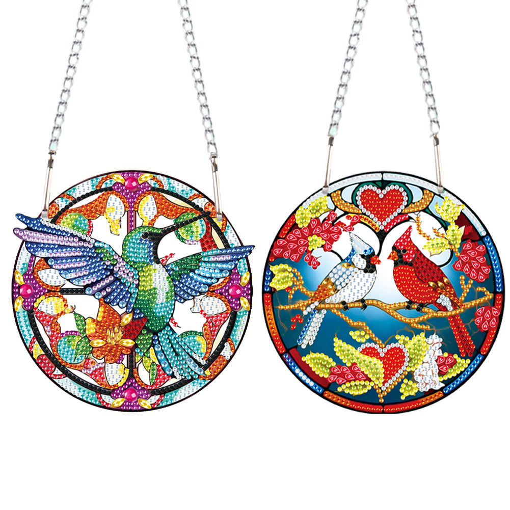 2pcs 2D Flat DIY Hummingbird Cardinal Diamond Art Pendant Window Hanging Art for Wall