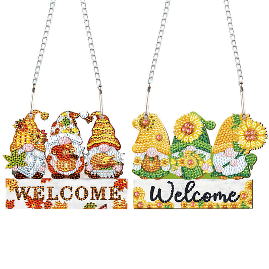2Pcs 2D Flat DIY Autumn Gnome Diamond Art Pendant Window Hanging Art for Wall