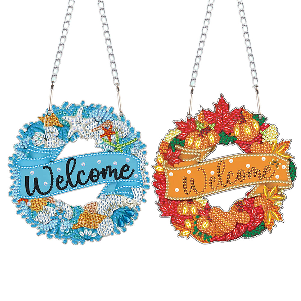 2pcs 2D Flat DIY Summer Autumn Wreath Diamond Art Pendant Window Hanging Art for Wall