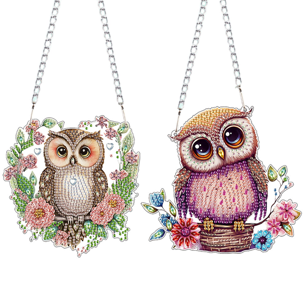 2Pcs 2D Flat DIY Owl Diamond Painting Art Pendant Window Hanging Art for Wall