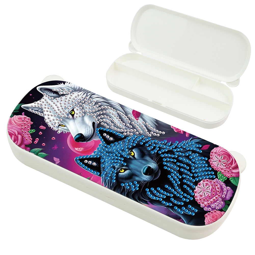 Wolf Pattern DIY Diamond Pencil Case Pens Brushes Accessories Travel Pencil Box