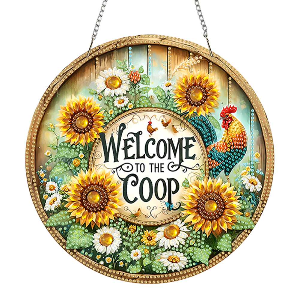 Acrylic 2D Flat Rooster Sunflowers DIY Hanging Diamond Art Kits Wall Door Decor