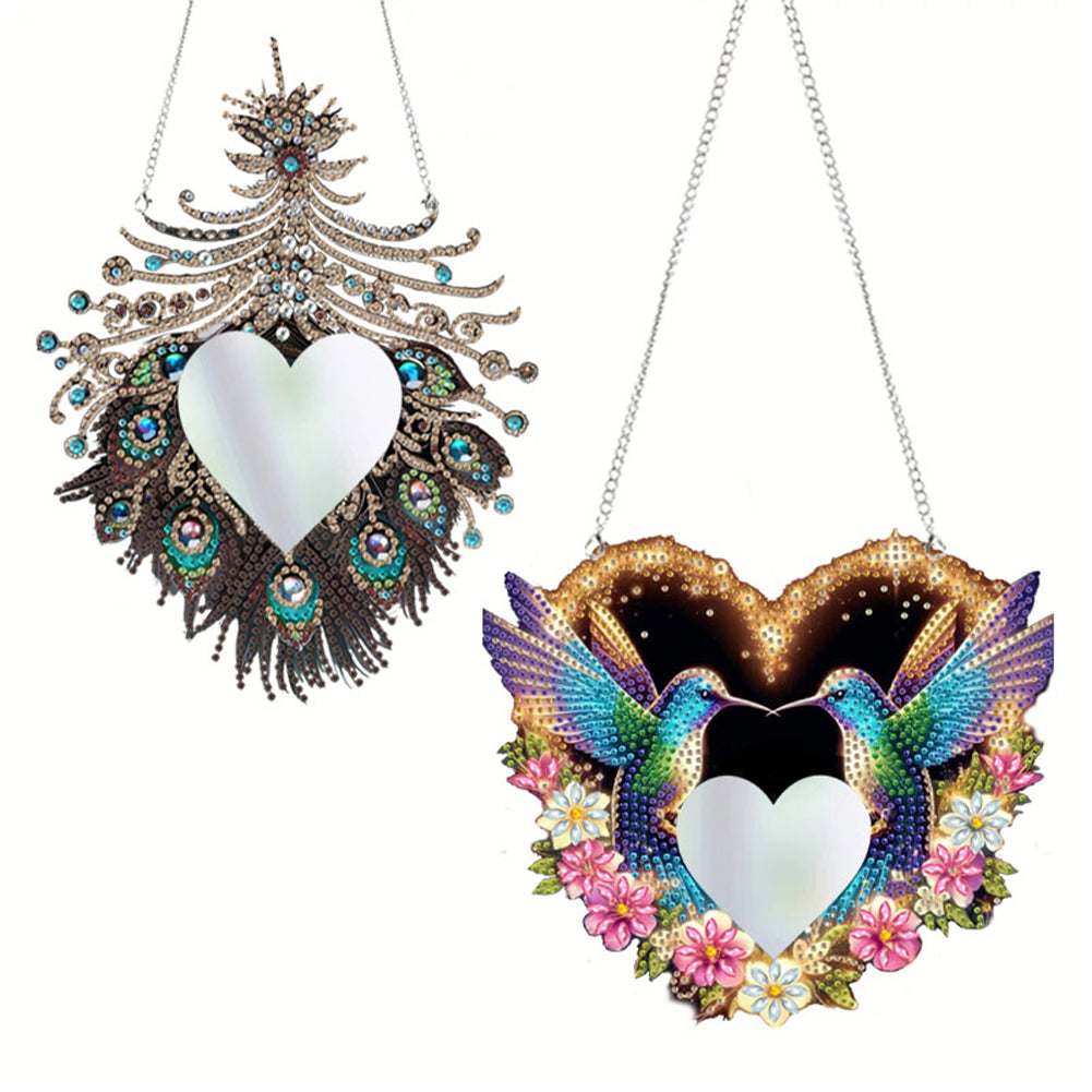 2pcs 2D Flat DIY Peacock Hummingbird Hanging Mirror Diamond Art Kits Wall Door Decor