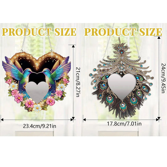 2pcs 2D Flat DIY Peacock Hummingbird Hanging Mirror Diamond Art Kits Wall Door Decor