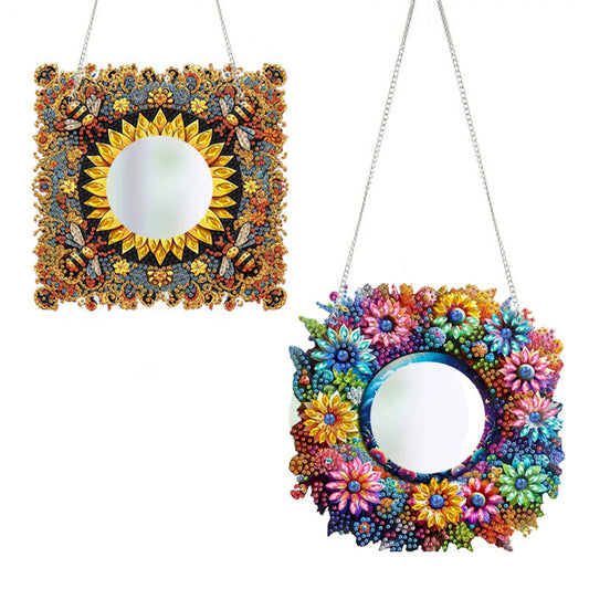 2pcs 2D Flat DIY Flowers Hanging Mirror Diamond Art Kits Wall Door Decoration