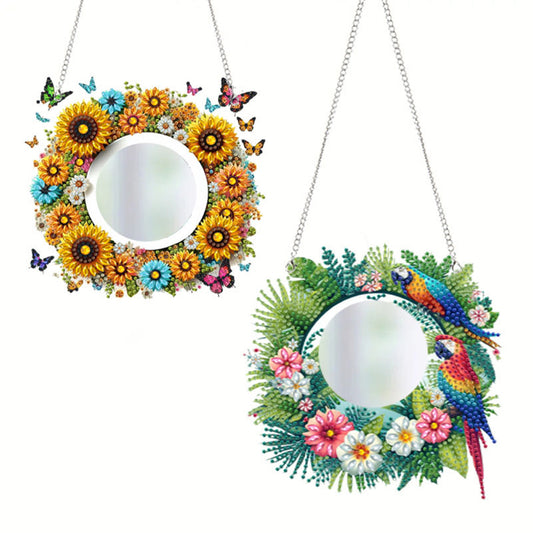 2pcs 2D Flat DIY Sunflower Parrot Hanging Mirror Diamond Art Kits Wall Door Decoratio